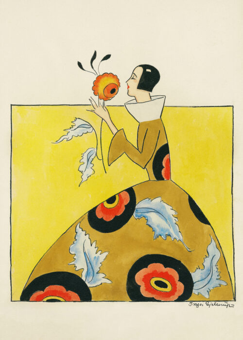 blomsterduftende kvinde i overdådig kjole, plakat