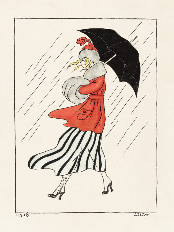 kvinden med muffe og paraplyen, plakat